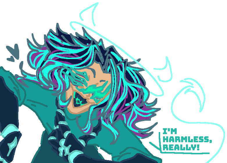 A character with wild hair leaning to the side with the text "I'm harmless, really!" written beside them.